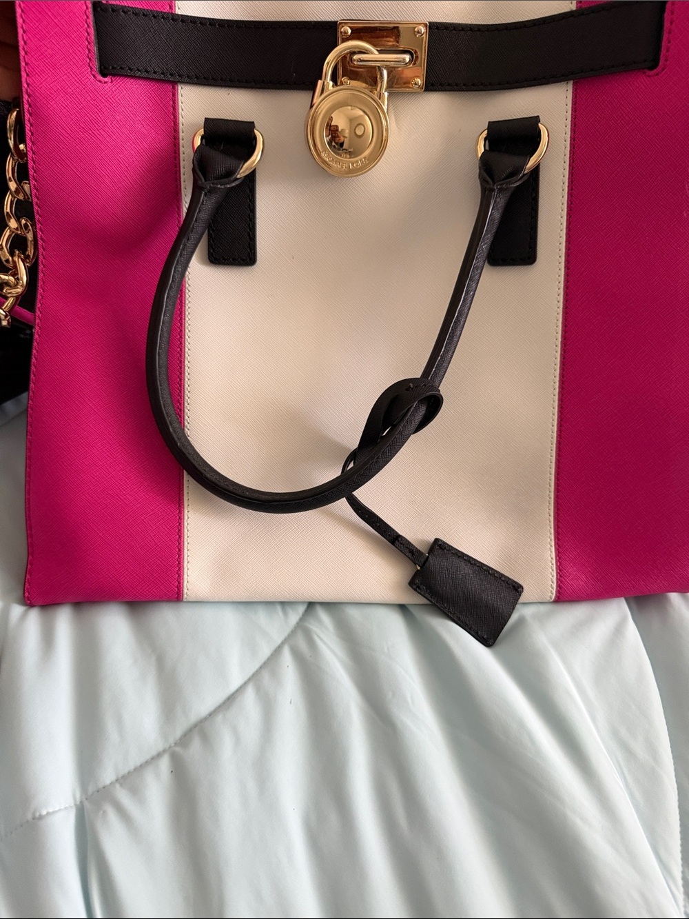 Michael Kors Hot Pink, Cream & Black Saffiano Leather Tote - Picture 8 of 11